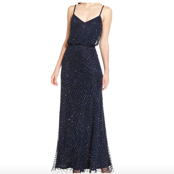 Adrianna Papell Navy Sequin Long Dress 10